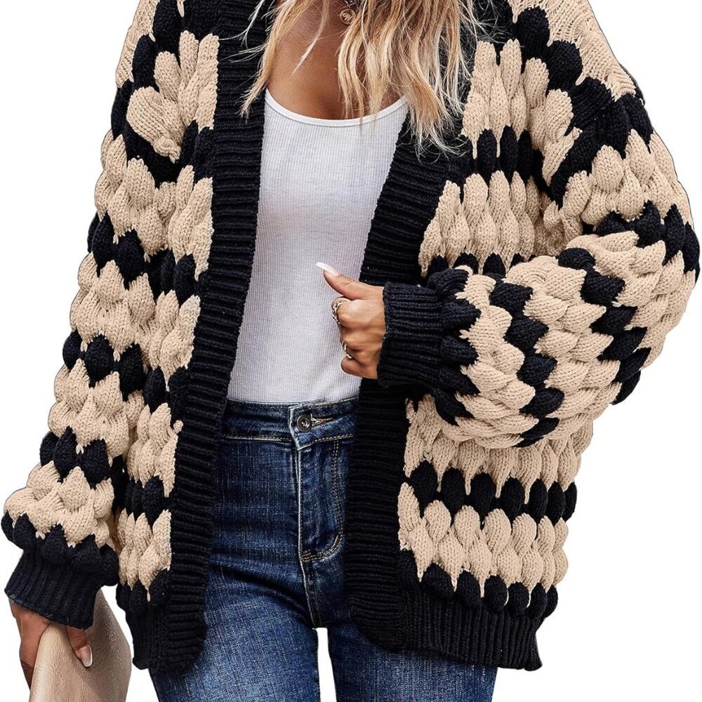 Womens Cardigan Chunky Fall Fashion Lantern Sleeve Open Front Striped Color Bloc